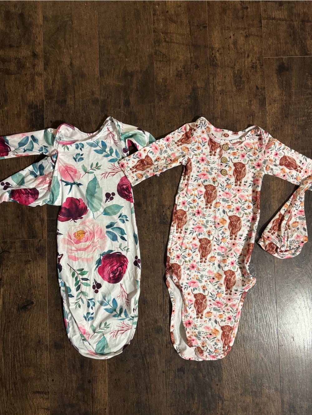 Floral & Highland Cow Baby Knotted Gown Set - Pink, White, Teal
